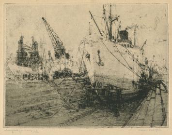 Belgische etser R. Malfliet met een ets van de haven