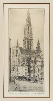 Belgische etser R. Malfliet met een Antwerpse ets