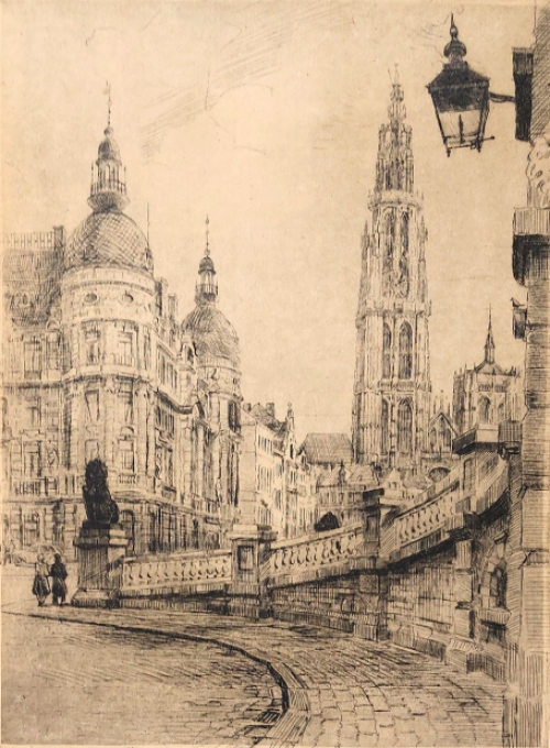 Romain Malfliet met een ets van Antwerpen