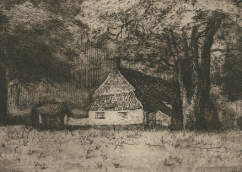 Romain Malfliet met een ets van een hoeve