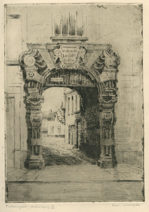 Belgische etser R. Malfliet met een stadsgezicht