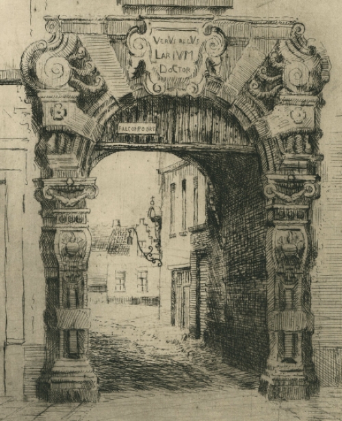 Romain Malfliet met een ets van de Antwerpse Falconpoort