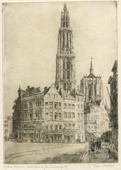 Belgische etser R. Malfliet met een ets van een huis