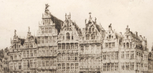 Romain Malfliet met een ets van de grote markt te Antwerpen