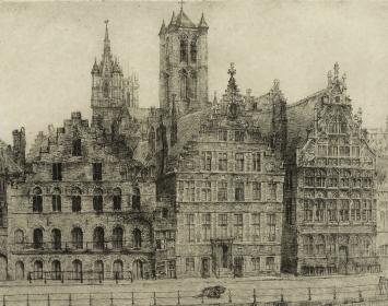 Romain Malfliet met een ets van Gent, de Graslei