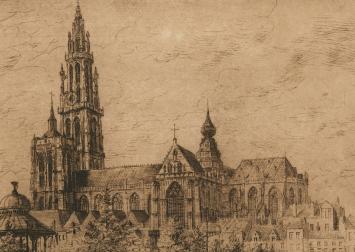 Belgische etser en schilder Romain Malfliet met een ets