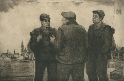 Romain Malfliet met een ets van havenarbeiders