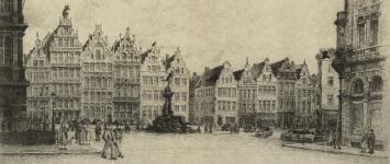 Romain Malfliet met een ets de grote markt te Antwerpen