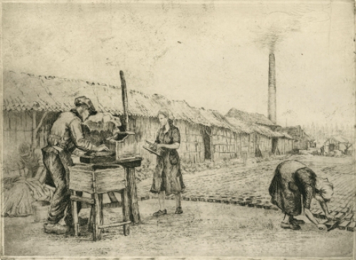 Ets van handsteenwerkers geëtst door Malfliet