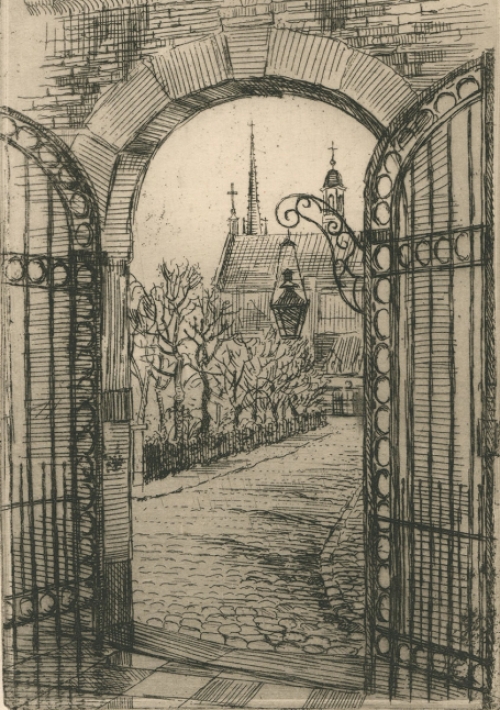 Romain Malfliet met een ets, stadsaanzicht