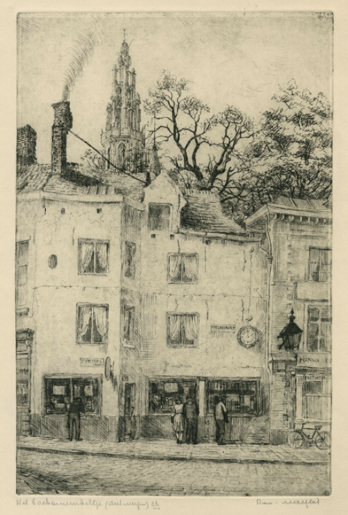 Belgische etser R. Malfliet met een Antwerpse ets