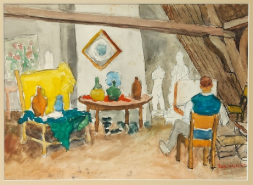 Belgische schilder R. Malfliet met een waterverfschilderij