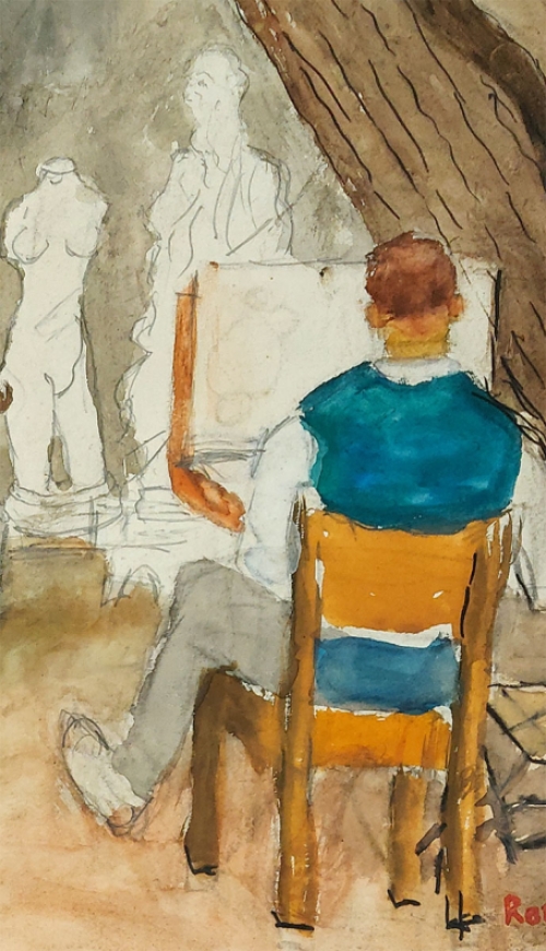 Belgische kunstenaar Romain Malfliet met een schilderij van trekpaarden