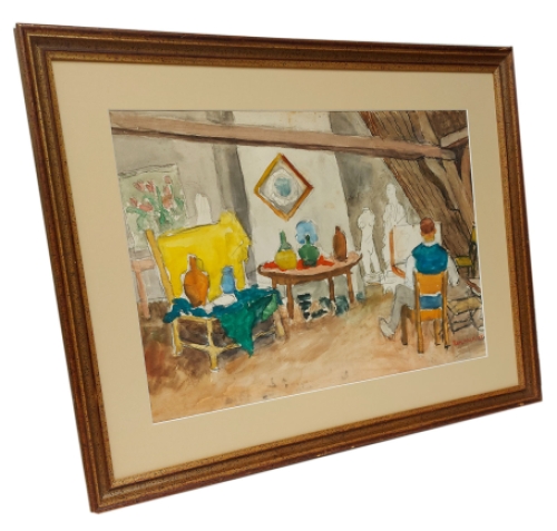 Aquarel, de schilder in zijn kunstenaarsatelier