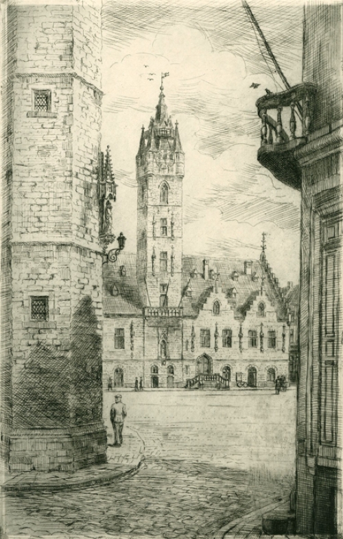 Belgische etser R. Malfliet met een ets van Dendermonde
