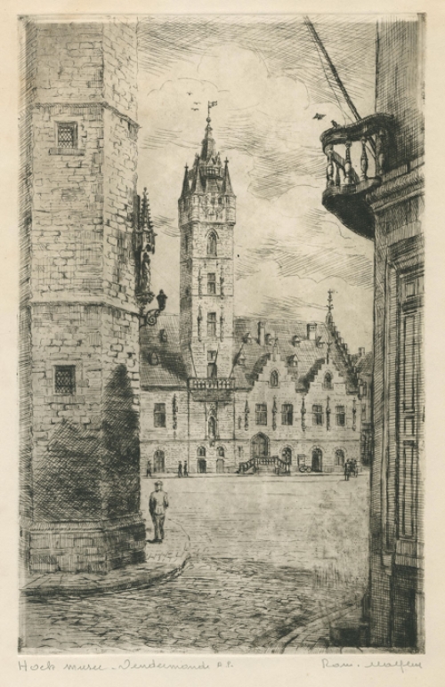 Belgische etser R. Malfliet met een ets van Dendermonde