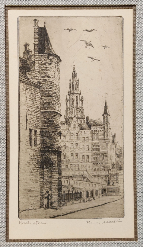 Belgische etser R. Malfliet met een ets van het Steen