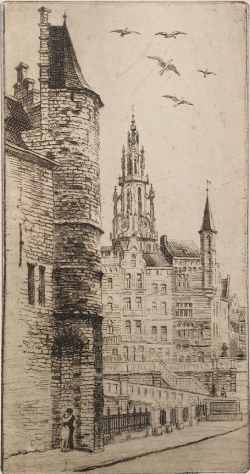 Romain Malfliet met een ets van Het Steen