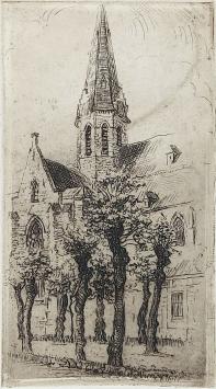 Romain Malfliet met een ets van Sint-Niklaas, de Hoofdkerk