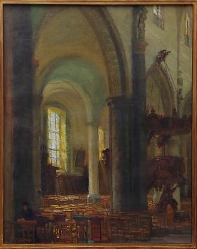 Belgische schilder R. Malfliet met een kerkinterieur