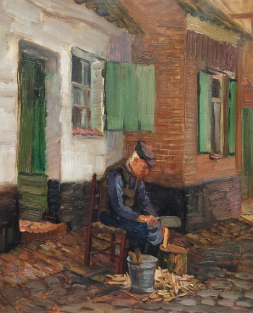 Romain Malfliet met een schilderij van een volks tafereel