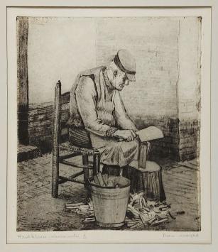 Belgische etser R. Malfliet met een ets van een houtkliever