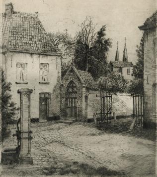 Romain Malfliet met een ets van Begijnhof Dendermonde