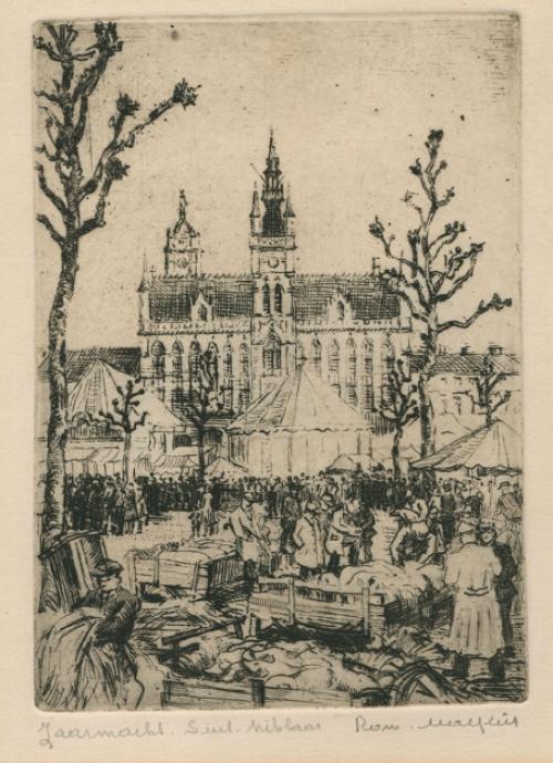 Belgische etser R. Malfliet met een ets van Sint Niklaas