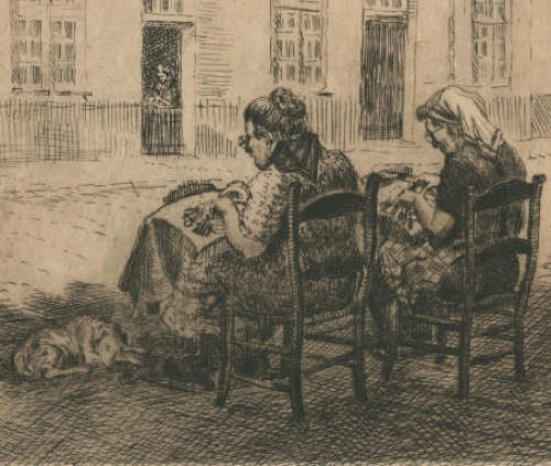 Romain Malfliet met een ets Kantwerksters