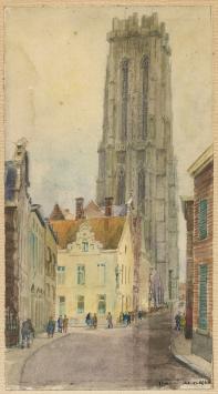 Belgische schilder R. Malfliet met een Mechelse aquarel