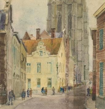 Romain Malfliet met een aquarel van Mechelen