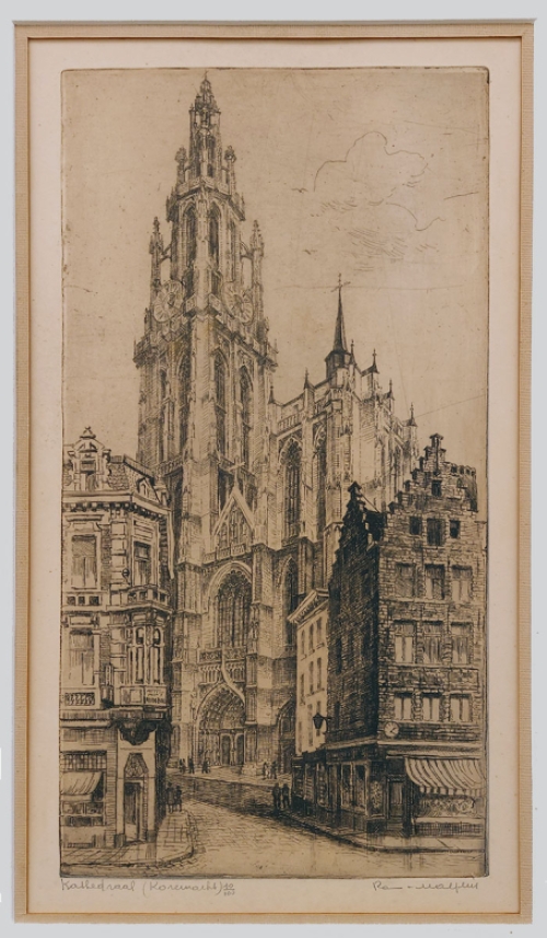 Belgische etser R. Malfliet met een Antwerpse ets