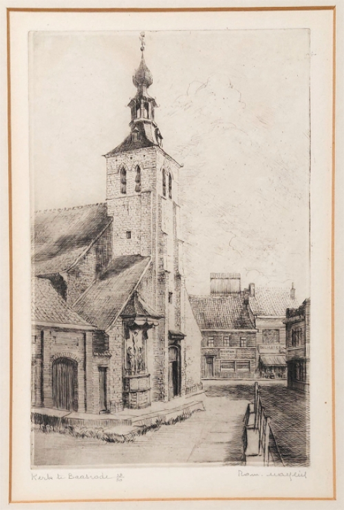 Belgische etser R. Malfliet met een ets van Baasrode