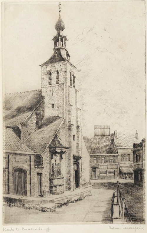 Romain Malfliet met een ets van Baasrode