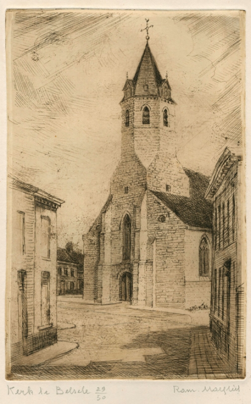 Belgische etser R. Malfliet met een ets van een kerk