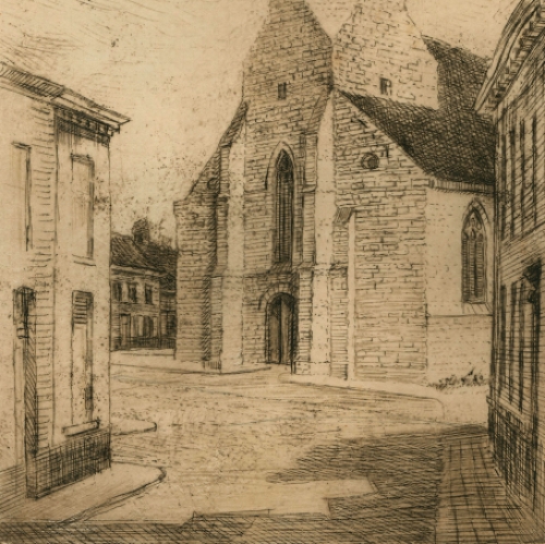 Romain Malfliet met een ets van het dorpje Belsele