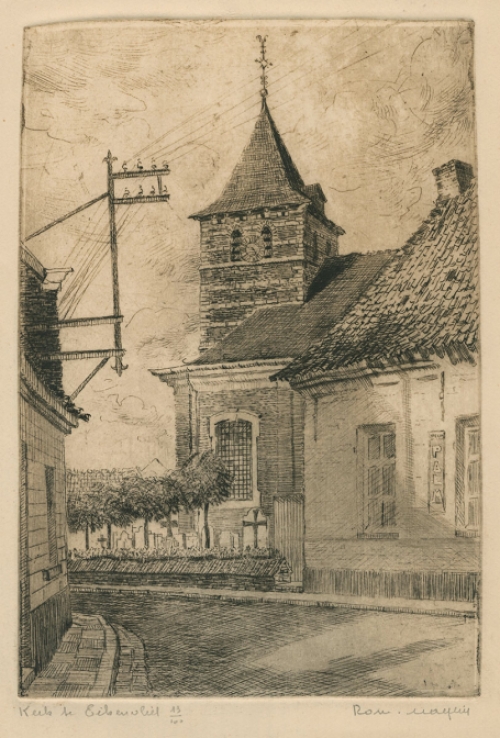 Belgische etser R. Malfliet met een ets van Eikenvliet