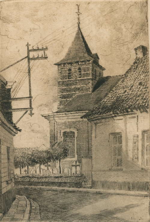 De kerk van Eikenvliet geëtst door Romain Malfliet
