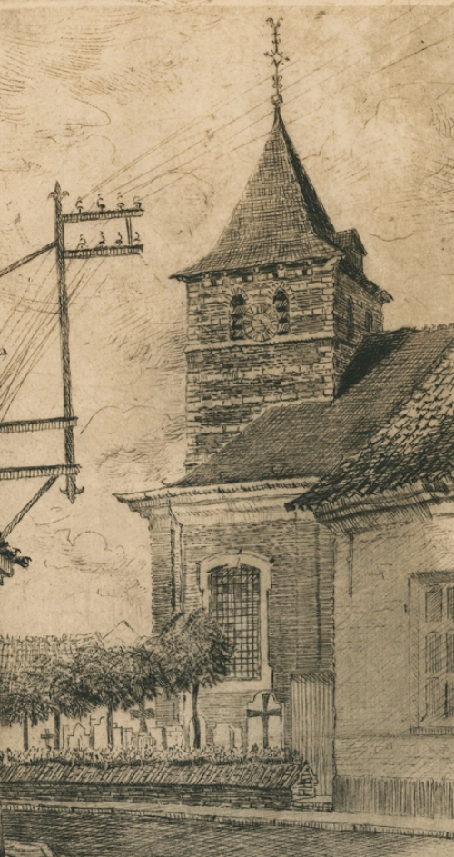 Romain Malfliet met een ets van de kerk te Eikenvliet