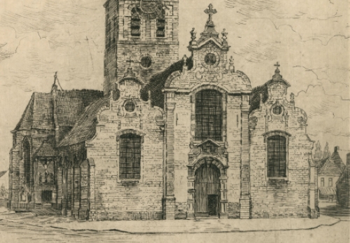 Romain Malfliet met een ets van de kerk van Lebbeke