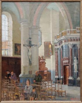 Belgische schilder R. Malfliet met een olieverfschilderij van een interieur