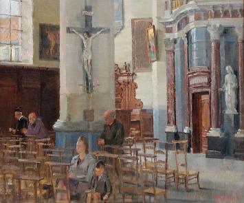 Interieur kerk te Waasmunster door Malfliet geschilderd