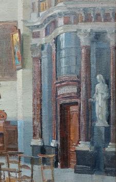 Belgische kunstschilder Romain Malfliet met een kerkinterieur