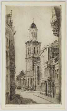 Belgische etser R. Malfliet met een ets, stadsgezicht