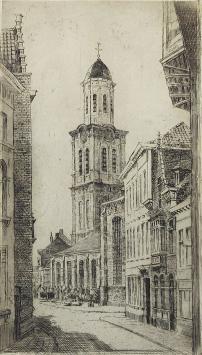 Romain Malfliet met een ets van Lokeren, de Kerkstraat