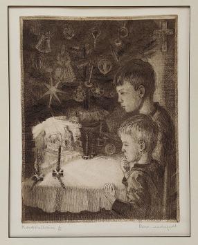 Belgische etser R. Malfliet met een ets van een kerststal