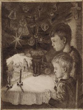 Romain Malfliet met een ets van een kerststal met kinderen