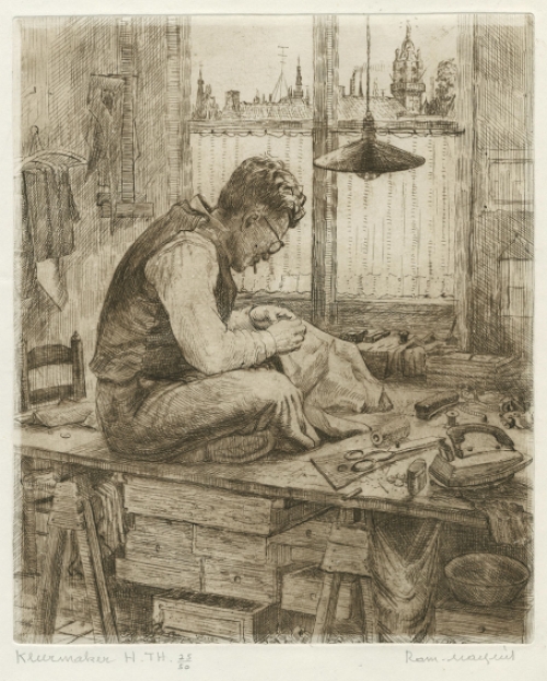 Belgische etser R. Malfliet met een ets kleermaker