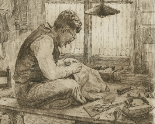 Romain Malfliet met een ets van een zittende kleermaker