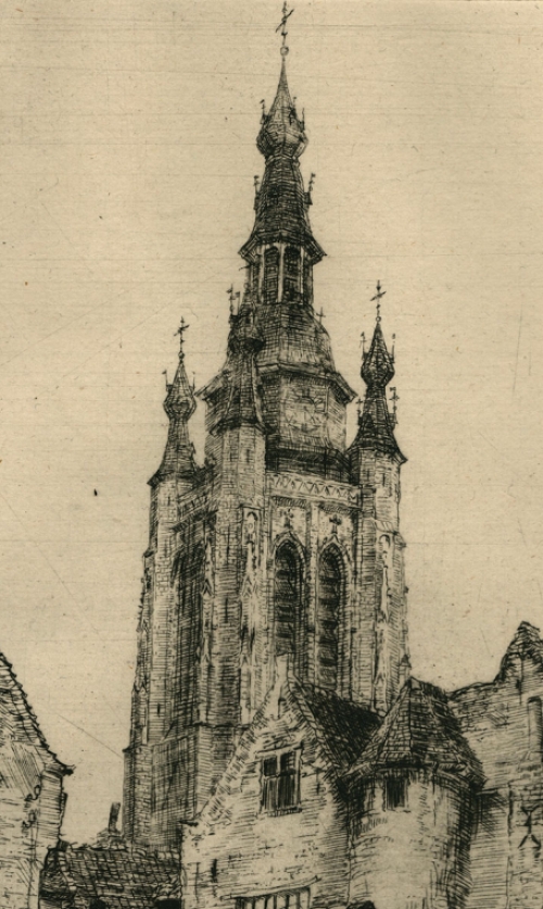 Romain Malfliet met een ets van Begijnhof Kortrijk